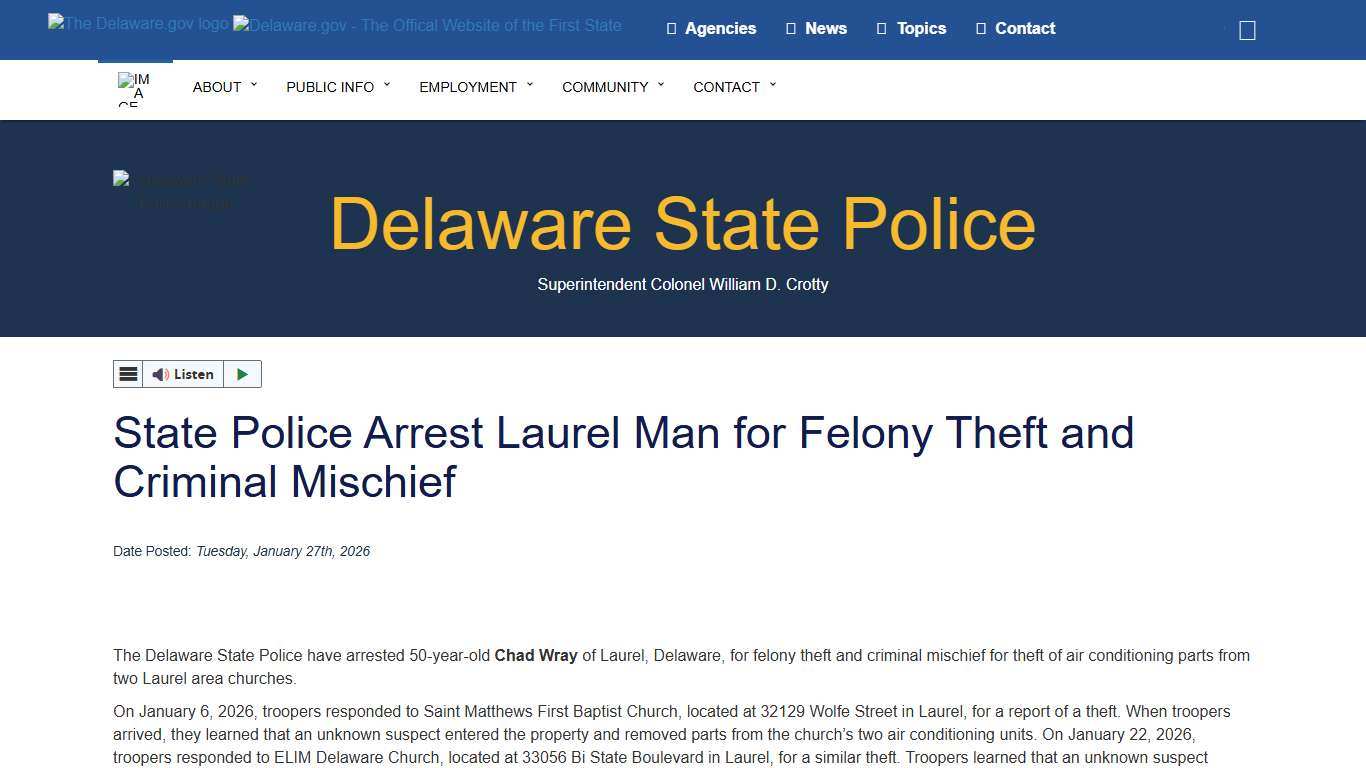 State Police Arrest Laurel Man for Felony Theft and Criminal Mischief - Delaware State Police - State of Delaware